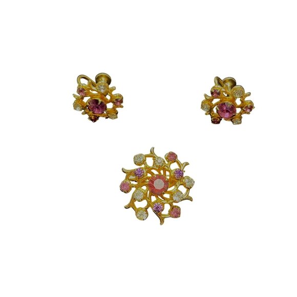 Purple Clear Rhinestone Brooch Earring Set Gold Tone Screw Back 50s Vintage Coro - Picture 4 of 6